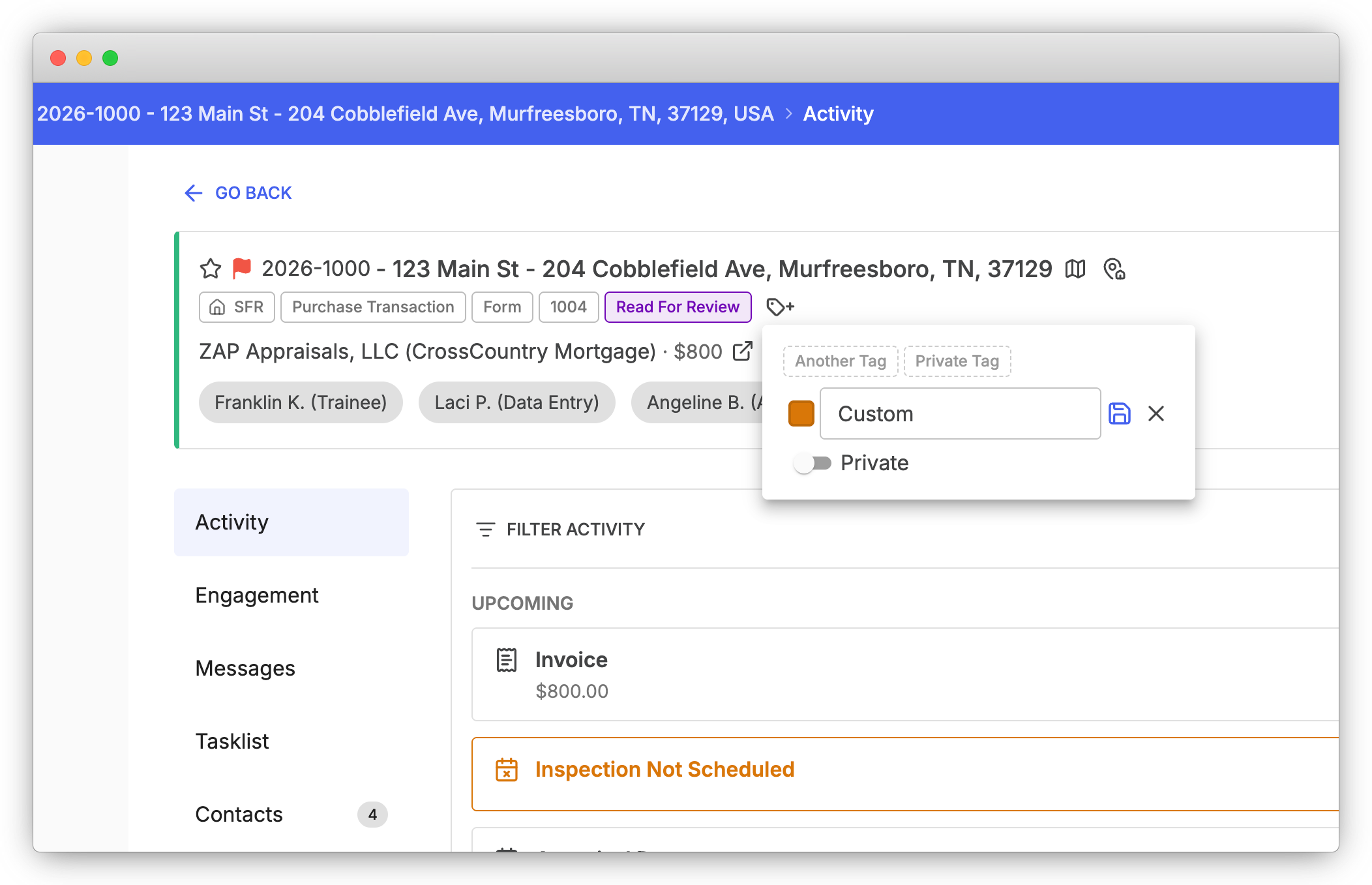 Appraisal order header with tag chips, a red priority flag, and the inline Tag Picker open to create a new tag